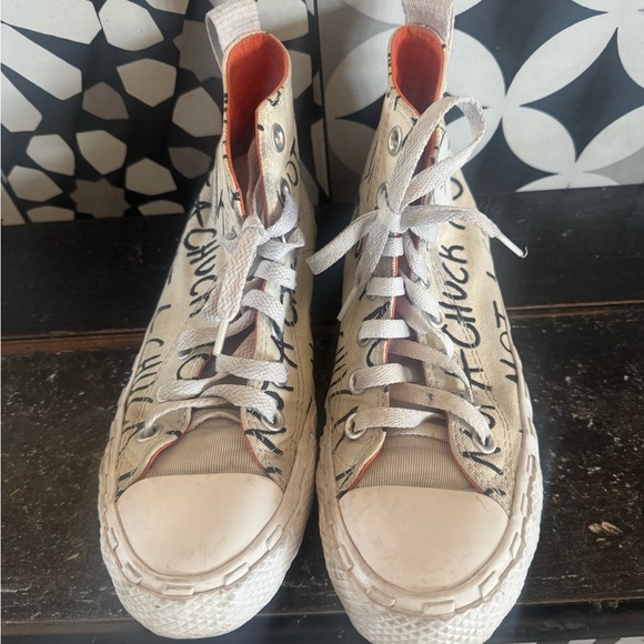 Converse Winter White High-Tops with Black “NOT A CHUCK” wording- so fun &unique - Picture 6 of 12